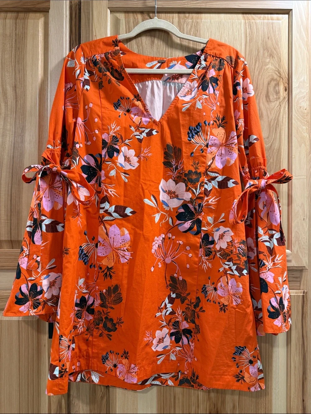 Free People Lover of Mine Orange Floral Botanical V-Neck Tie-Sleeve Mini Dress